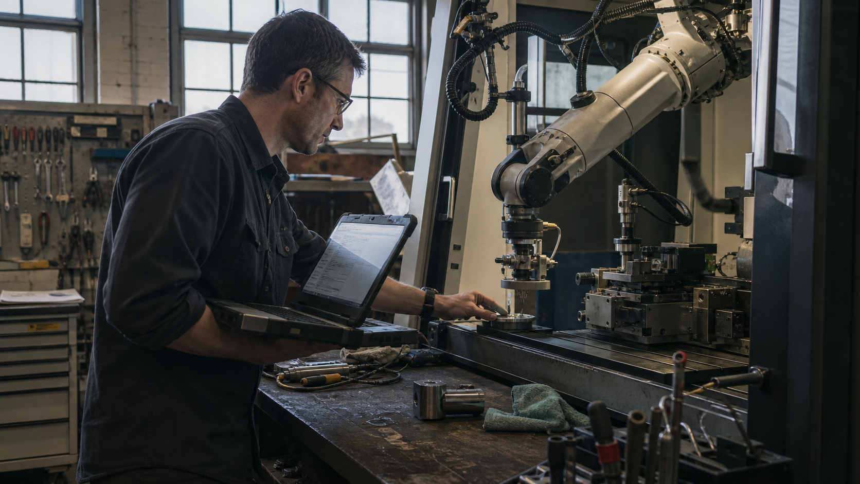 An engineer reviewing a robotic machine at an industrial workbench