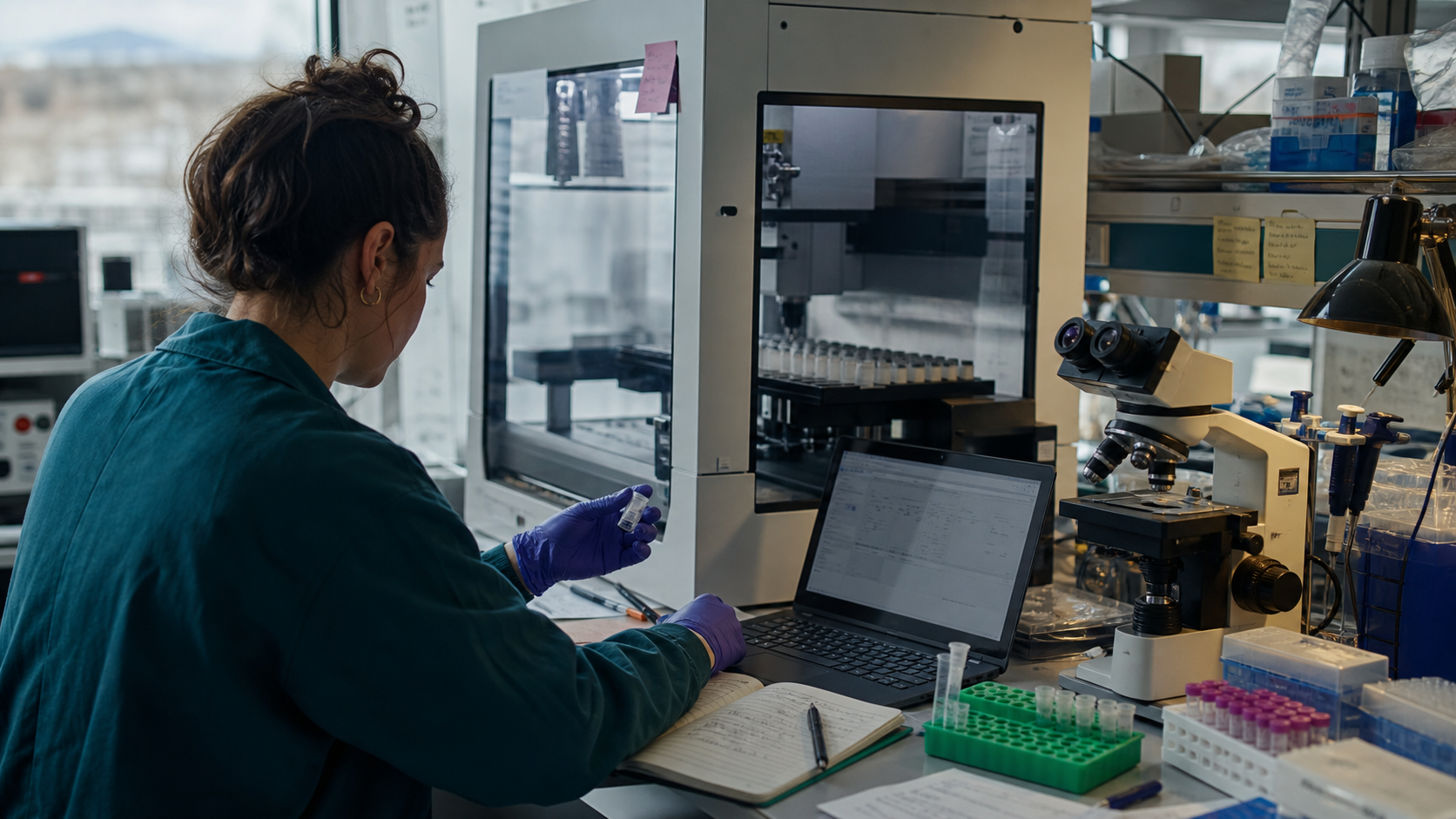 A researcher working beside a liquid handling instrument in a wet lab